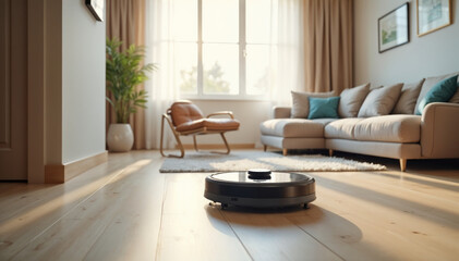 Robot vacuuming floors in a modern apartment