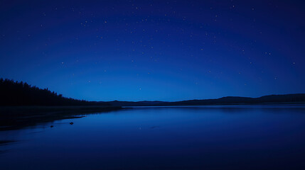 Fototapeta premium starry sky and calm lake surrounded by mountains and forest at night, background illustration