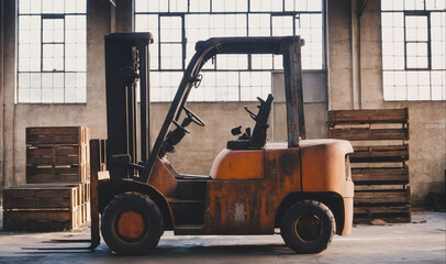 A forklift sits parked inside a warehouse, ready to move pallets of goods