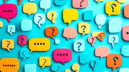 Colorful speech bubbles in various shapes and sizes create a lively conversation scene. This image represents communication and questions, perfect for social media or marketing. AI