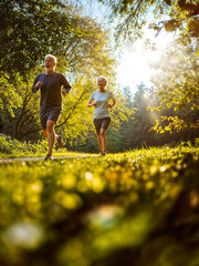 Retired couple running and enjoying a forest park trail keeping up exercise and enjoying life