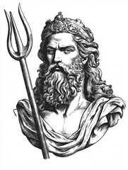 Black and white Vintage engraved art of a detailed half-body portrait statue of Poseidon with a trident, isolated on white background, ink sketch illustration, simple vector art design