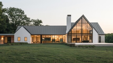 Obraz premium A stunning, modern house with large glass windows, angular rooflines, and a sleek, open design, nestled in a landscaped green lawn at dusk.