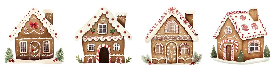 Charming gingerbread houses adorned with icing, candy, and festive decorations, perfect for holiday-themed projects and illustrations.