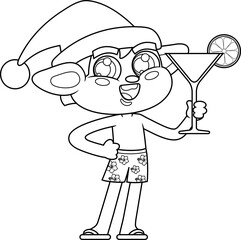 Outlined Happy Christmas Elf Cartoon Character Drinking Cocktail On The Beach. Vector Hand Drawn Illustration Isolated On Transparent Background