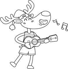 Outlined Happy Cute Christmas Reindeer Cartoon Character Singing And Playing Guitar On The Beach. Vector Hand Drawn Illustration Isolated On Transparent Background