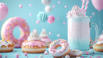 Colorful donuts, whipped cream milkshake, and pink balloons on blue background.
