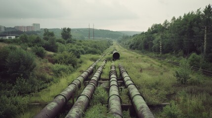 Abandoned and overgrown pipelines stretch across a rural landscape, disappearing into a distant forest, a testament to time and nature's reclamation.