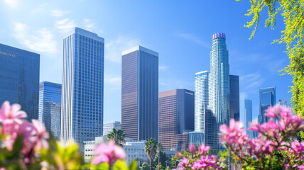 Vibrant flowers foregrounding the stunning skyline of downtown Los Angeles under a clear blue sky in mid-afternoon light