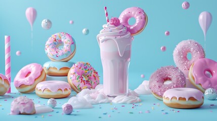 Pink donut milkshake with sprinkles and donuts.