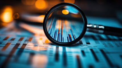 A close-up view of data analysis with a magnifying glass highlighting graphs on a document, symbolizing investigation and clarity.