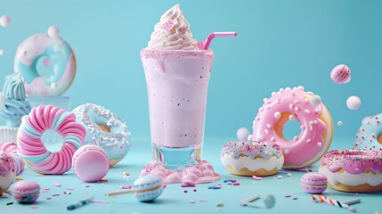 Pink and Blue Donuts with Milkshake.