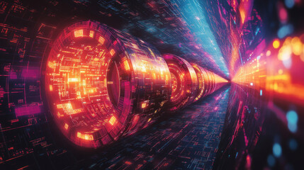 Obraz premium A vibrant tunnel of lights and futuristic design, depicting the concept of travel through space and time with a technological touch.