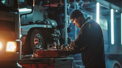 A mechanic in a beanie, illuminated by cool workshop lights, concentrates on repairing part of a large truck.