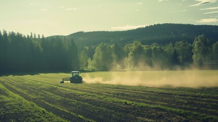 Fototapeta premium A solitary tractor drives across a serene, dusty field bathed in soft morning light, signifying the hardworking, peaceful essence of rural life.