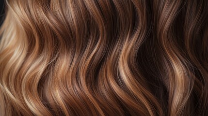 Soft, wavy hair features a blend of caramel highlights, creating a stylish and elegant appearance against a dark backdrop.