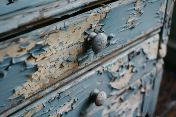 Close-up of weathered dresser with peeling paint

