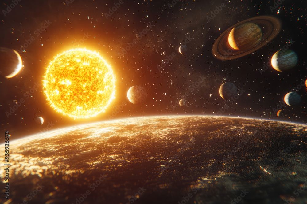 Sticker planets are orbiting massive star in deep space. planetary system and glowing star