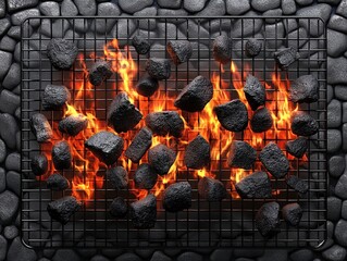 Fototapeta premium Top view of a grill with glowing embers and sizzling food, capturing the essence of outdoor cooking and barbecue culture. Perfect for culinary enthusiasts and backyard gatherings. 