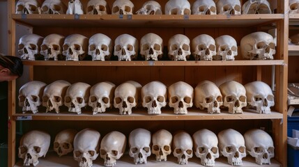 Dozens of skulls fill wooden shelves in a spacious room, hinting at a methodical collection and categorization of skeletal remains.