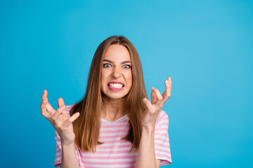 Photo of angry mad woman wear trendy pink clothes isolated on blue color background