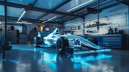 A sleek, illuminated Formula 1 car frame gleams in a modern garage, showcasing cutting-edge design and advanced technology in motorsports.