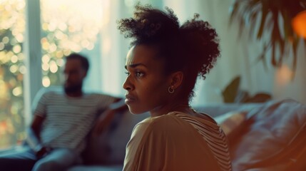 Fototapeta premium A pensive woman sits on a couch in a dimly lit room, her expression contemplative as a blurred figure looms in the background.