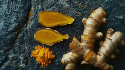 Naklejka premium Fresh turmeric roots and powder are displayed on a dark textured slate surface, highlighting their vibrant orange color and natural health benefits.