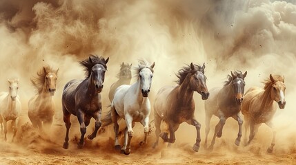 Horse Herd. Beautiful horse kicking up dust while running through desert