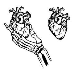 Bone & Heart | Skeleton Hand | Heart | Anatomical Heart | Skeleton Hand with Heart | Human Organ | Heart Tattoo | Heartbeat | Original Illustration | Vector and Clipart | Cutfile and Stencil