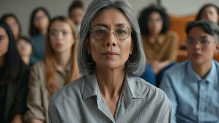 Obraz premium An elderly woman with gray hair and glasses sits in focus in the foreground, with diverse individuals blurred in the background.