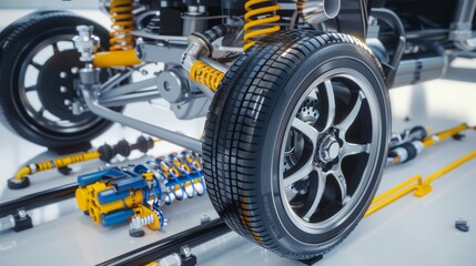 Fototapeta premium A detailed view of an automotive suspension system, highlighting the intricate connections and precision components with bright yellows and shiny metals.