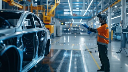 Fototapeta premium A factory worker dressed in orange safety gear directs an assembly process on a modern automotive production line with precision and coordination.