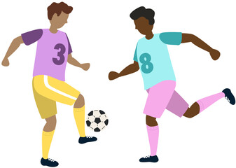 Soccer players kicking ball character two boys, flat cartoon vector illustration isolated on white background. Soccer or football game players collection.