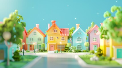 Colorful 3D Model of a Suburban Neighborhood with Bright Houses and Lush Greenery.