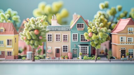Miniature model of a town with colorful houses and trees.