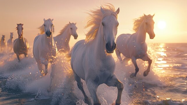 A herd of white horses gallops on the water. Beautiful horses. sunset, dawn. highlights, painting