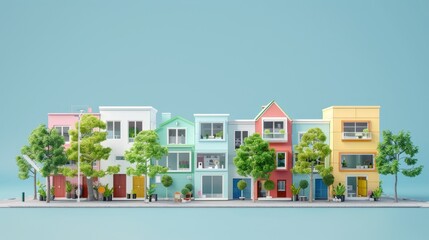 Colorful Row of Houses on Blue Background.