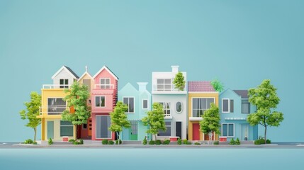 Colorful Row of Houses on Blue Background.