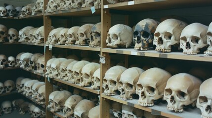 Skulls are organized neatly on wooden shelves, creating a striking pattern of bone in a room dedicated to study and preservation.