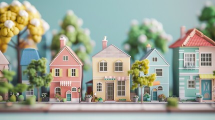 Miniature houses on a street with trees and flowers.