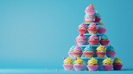 Colorful Cupcakes on a Blue Stand.