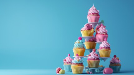 Colorful cupcakes arranged in a pyramid on a blue background.