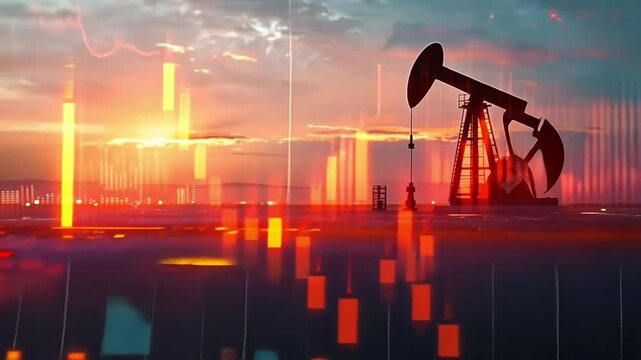 Oil pumps before dawn with financial graphs on the increase