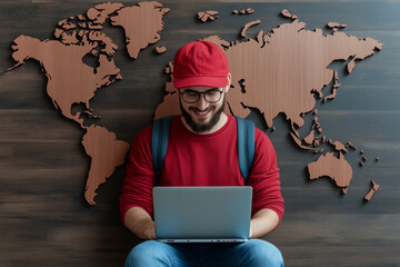 A young, casually dressed man smiles as he works with a laptop in front of a wooden world map, global connectivity and the digital nomad lifestyle. Remote work, travel and modern technology.