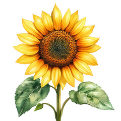 A vibrant sunflower with bright yellow petals and green leaves, symbolizing joy and warmth in nature.