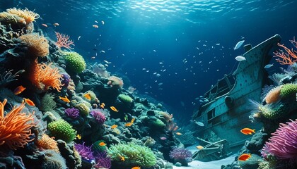 Fototapeta premium Underwater scene wallpaper with a large, sunken flotsam in the background