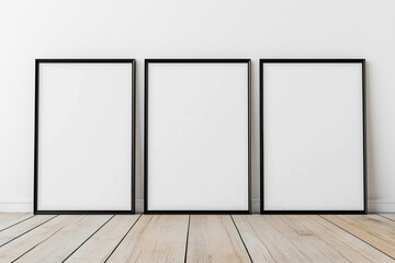 Three empty single frames leaning against a white wall, wooden floor. Minimalistic room design. High quality interior. Advertising banner.