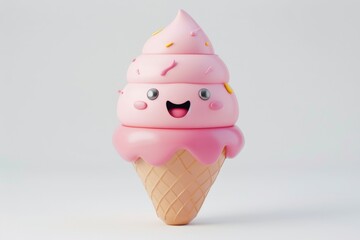 Cute Pink Ice Cream Cone Cartoon Character.