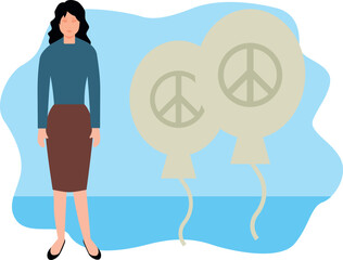 A girl stands next to a peace balloon.